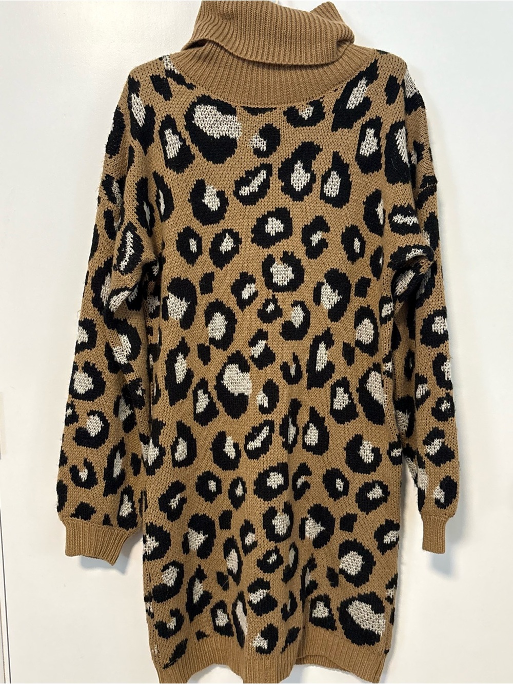 Fantastic Fawn Leopard Print Turtleneck Sweater Dress - Camel/Black/White